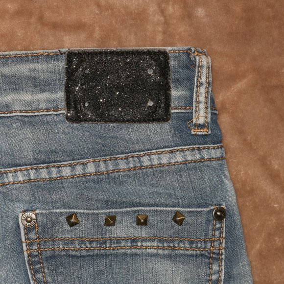 Exocet Distressed Camouflage Blue Jeans - Pyramid Stud Embellished w27x29 inseam - Picture 11 of 13